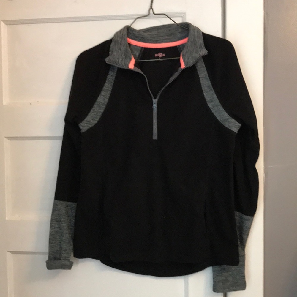 Black and gray sweater with pink accent